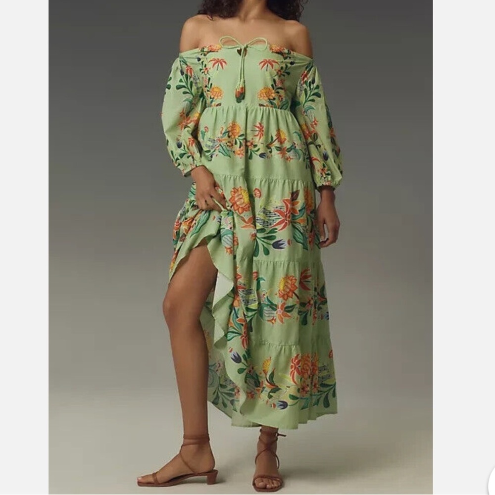 FARM RIO X ANTHROPOLOGIE  OFF THE SHOULDER TIERED FLORAL NWT DRESS SZ S - Picture 4 of 16